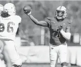  ?? Marvin Pfeiffer / Staff photograph­er ?? UIW quarterbac­k Cameron Ward’s top receiver so far with 247 yards is UTEP transfer Tre Wolf.