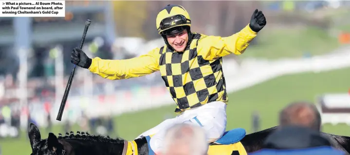  ??  ?? > What a picture... Al Boum Photo, with Paul Townend on board, after winning Cheltenham’s Gold Cup