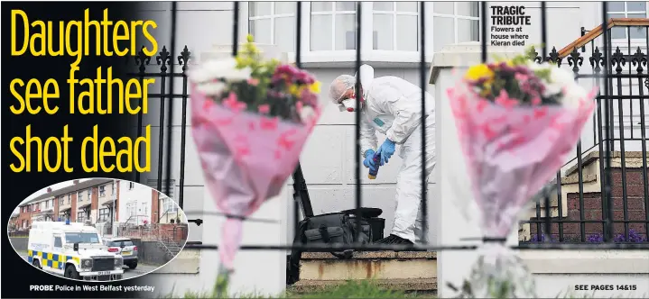  ??  ?? PROBE Police in West Belfast yesterday
TRAGIC TRIBUTE Flowers at house where Kieran died