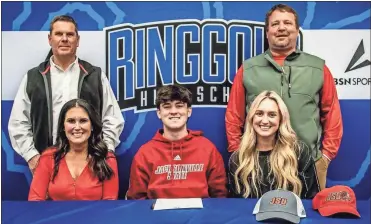  ?? Courtney Couey, ringgold Tiger shots ?? Ringgold senior Ty Gilbert will be heading to Alabama this fall to play football at Jacksonvil­le State University. Among the many on hand for the signing at RHS this past Wednesday were Abbey White and Jada Gilbert, along with Randy White and Craig Gilbert.