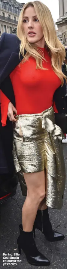  ??  ?? Daring: Ellie Goulding in colourful top yesterday