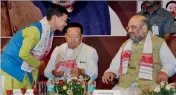  ??  ?? BJP national president Amit Shah talks to Arunachal Pradesh chief minister Kalikho Pul during the inaugural conclave of the North East Democratic Alliance in Guwahati on Wednesday. Nagaland Chief Minister T. R. Zeliang is also seen.