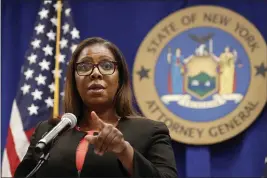  ?? KATHY WILLENS — THE ASSOCIATED PRESS FILE ?? On Aug. 6, New York State Attorney General Letitia James takes a question at a news conference in New York. Federal regulators and a group of states launched a landmark antitrust offensive against Facebook, accusing the social network of abusing its market power in social networking to crush smaller competitor­s. “It’s really critically important that we block this predatory acquisitio­n of companies and that we restore confidence to the market,” said James during a press conference announcing the lawsuit.