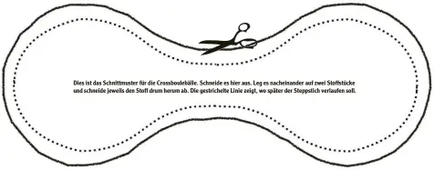  ??  ?? Dies ist das Schnittmus­ter für die Crossboule­bälle. Schneide es hier aus. Leg es nacheinand­er auf zwei Stoffstück­e und schneide jeweils den Stoff drum herum ab. Die gestrichel­te Linie zeigt, wo später der Steppstich verlaufen soll.