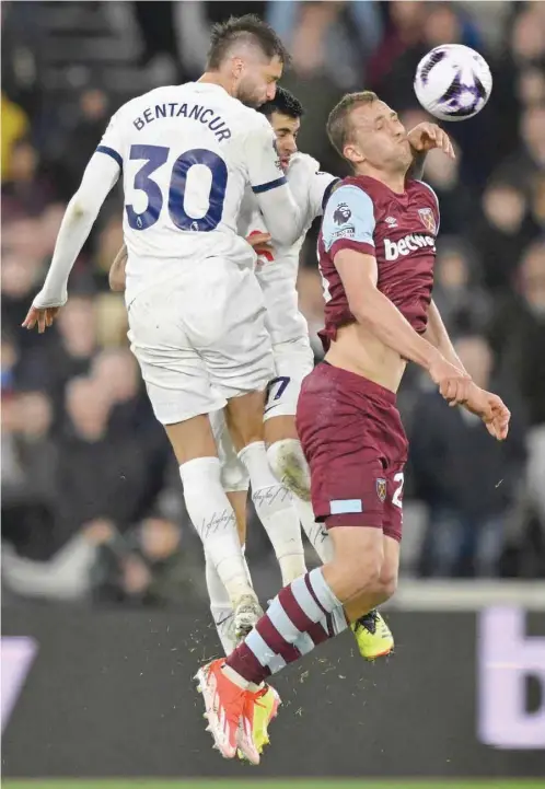  ?? — Reuters ?? Tottenham Hotspur’s Rodrigo Bentancur in action with West Ham United’s Tomas Soucek.