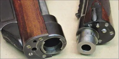  ??  ?? Details of the patented takedown system. The collar on the receiver ring with integral shoulders mates with the twin lugs on the barrel. The spring-loaded ball locates the barrel, and the round plunger pin operated by the latch on the fore-end locks everything in place.