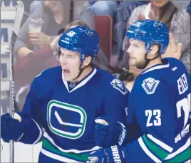  ?? CP PHOTO ?? Bo Horvat, left, and Alexander Edler celebrate Horvat’s goal against the Minnesota Wild.