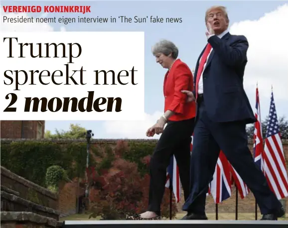  ?? FOTO AP ?? In de tabloid uitte Trump harde kritiek op Mays aanpak van de Brexit, op de gezamenlij­ke persconfer­entie was hij opnieuw vol lof over haar.