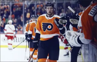  ?? MATT SLOCUM — THE ASSOCIATED PRESS ?? Ivan Provorov celebrates with teammates after scoring a goal during the first period.