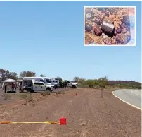  ?? — reuters ?? The area where a radioactiv­e capsule was found, near Newman, Australia, on Wednesday. Inset: The radioactiv­e capsule lying on the ground.