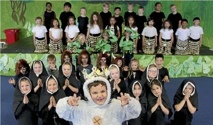  ??  ?? The cast of St Columba’s arts showcase. In front stands Riley Gemmell, 7, in character.