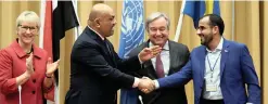  ?? Reuters ?? HEAD of the Houthi delegation Mohammed Abdul-Salam, right, and Yemeni Foreign Minister Khaled al-Yaman shake hands next to UN secretary-general Antonio Guterres and Swedish Foreign Minister Margot Wallstrom, left, during the peace talks in Rimbo, Sweden. |