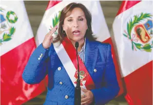  ?? LUIS IPARRAGUIR­E / PERUVIAN PRESIDENCY / AFP VIA GETTY IMAGES FILES ?? Peru's President Dina Boluarte faces single-digit approval ratings in a country with 27.5 per cent of people in poverty.