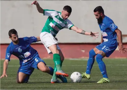  ??  ?? Action from Mgarr’s narrow victory over Gudja United. Photo: Domenic Aquilina