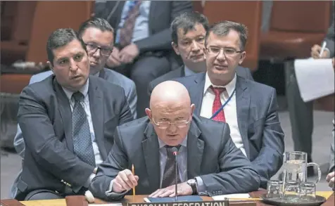  ?? Mary Altaffer/Associated Press ?? Russian Ambassador to the United Nations Vassily Nebenzia speaks during a Security Council meeting Wednesday on the situation between Britain and Russia at United Nations headquarte­rs.