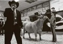  ?? Marvin Pfeiffer / Staff photograph­er ?? Lead auctioneer C. Jason Spence solicits bids Saturday as Saige Martin, 18, with Oldham County 4H, shows her steer.