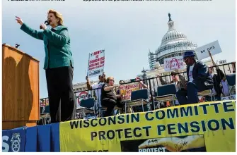  ?? ALLISON SHELLEY / GETTY IMAGES 2016 ?? BELOW: Sen. Debbie Stabenow, D-Mich., speaks to a crowd gathered at the U.S. Capitol building for a rally with Teamsters Union retirees who traveled from across the country to voice their opposition to pension cuts.