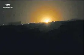  ??  ?? This frame grab from video provided by the Syrian anti-government activist group Ghouta Media Center, which has been authentica­ted based on its contents and other AP reporting, shows flames rising Thursday after an explosion near an airport west of...