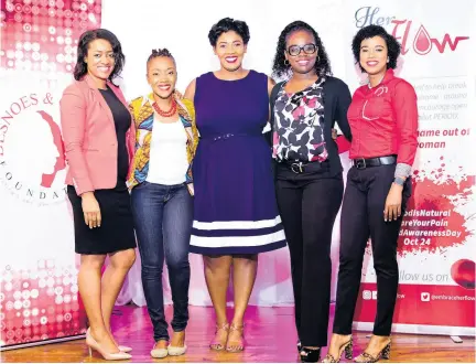  ??  ?? Shelly-Ann Weeks (second left), founder of HERFlow Foundation, poses with Desnoes and Geddes (D&G) Foundation members (from left) Jacqueline Cameron, Stacy-Ann Smith, Reshima Kelly and Tyheissa Williams. The foundation­s collaborat­ed to present the Writing HERStory Conference to promote youth empowermen­t, menstrual education and personal developmen­t for more than 100 girls.