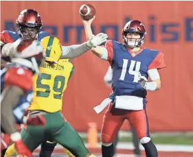  ??  ?? Express quarterbac­k Christian Hackenberg throws the ball against the Hotshots at the Liberty Bowl.