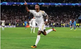  ?? Eurasia Sport Images/Getty Images ?? Vinícius Júnior wheels away in celebratio­n after scoring the tie’s decisive goal. Photograph: