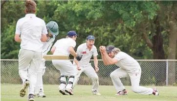  ??  ?? Toby Bayne was in on the act too, claiming four wickets as well as this catch much to the delight of his teamates in the slips.