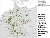  ??  ?? Der beeinträch­tigte Service ist hier durch viele fehlgeschl­agene Verbindung­en (rote und gelbe Punkte) dokumentie­rt.