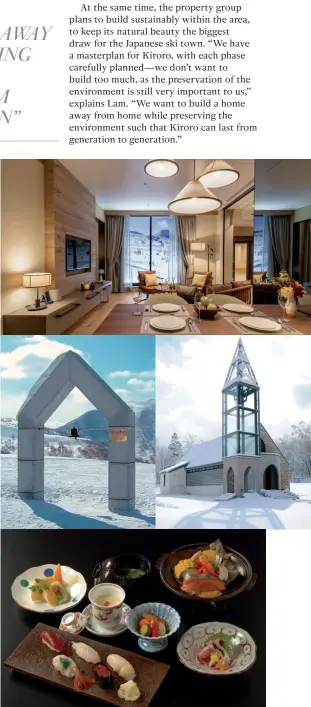  ??  ?? THIS PAGE Each apartment in Yu Kiroro features views of the neighbouri­ng ski slopes and a modern interior inspired by winter chalets in Europe; the Niisa Bell at the peak of Mount Asari is one of Kiroro’s landmarks; the chapel next to The Kiroro resort...