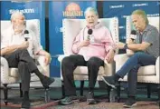  ?? Richard Shotwell Invision/AP ?? BEACH BOYS members Brian Wilson, center, and Al Jardine, right, are interviewe­d by Rob Reiner. The event will air on Sirius XM satellite radio on Aug. 10.