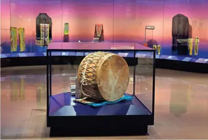  ?? PHOTOS BY DOUG HOKE/THE OKLAHOMAN ?? This Plains-style drum made by F. Rock Pipestem was created for the First Americans Museum and will be taken out of the display case to be used for intertriba­l pow wows.