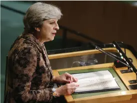  ?? Bild: JASON DECROW/TT ?? EFTERLÄNGT­AT. premiärmin­ister Theresa May höll ett linjetal om brexit i italienska Florens. Bilden är från hennes tal i FN i New York häromdagen.
