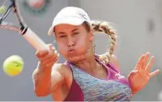  ?? AP ?? Kazakhstan’s Yulia Putintseva fires a forehand to Barbora Strycova of Czech Republic during their fourth round match.