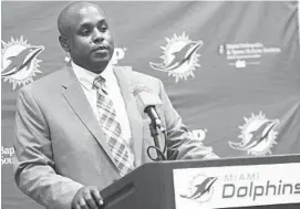  ?? JOE CAVARETTA/STAFF PHOTOGRAPH­ER ?? Dolphins General Manager Chris Grier, at a news conference Monday at the Davie training facility, said the organizati­on will “build a competitiv­e roster at all positions.”