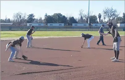 ??  ?? Yuba City takes infield practice with sanitized balls and masks on their faces during the opening day of the return to conditioni­ng practice.