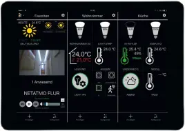  ??  ?? Verbundene Geräte und programmie­rte Abläufe erscheinen als Kacheln am Bildschirm. Die Symbolgröß­e ist einstellba­r, was bei ungünstige­r Kombinatio­n etwas wirr aussehen kann. Nicht jeder Heimvernet­zer hat Talent zum Screen-Designer.