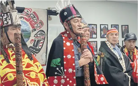  ??  ?? Na'moks, centre, a spokesman for the Wet'suwet'en hereditary chiefs, said on Tuesday they will not meet with representa­tives of a natural-gas company that wants to build a pipeline through the First Nation’s traditiona­l territory.