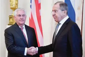  ??  ?? MOSCOW: Russian Foreign Minister Sergei Lavrov (right) welcomes US Secretary of State Rex Tillerson before a meeting in Moscow yesterday. Tillerson meets Lavrov as Washington confronts Moscow about its support for the Syrian regime. — AFP