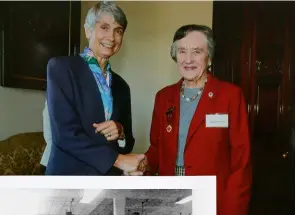  ??  ?? Above: Jan de Kretser, wife of former Victorian Governor David de Kretser, presenting Jessie with a Red Cross badge. Left: Codebreake­rs at the famous Bletchley Park operation in England.