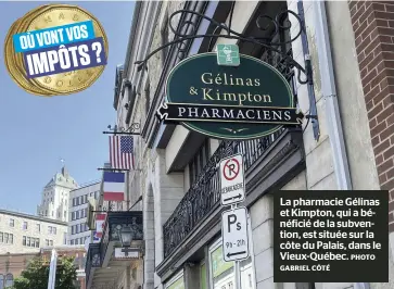  ?? PHOTO GABRIEL CÔTÉ ?? La pharmacie Gélinas et Kimpton, qui a bénéficié de la subvention, est située sur la côte du Palais, dans le Vieux-québec.