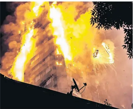  ?? FOTO: GUILHEM BAKER/LONDON NEWS PICTURES VIA ZUMA/DPA ?? Trümmertei­le fliegen am 14. Juni 2017 vom Grenfell Tower in London.