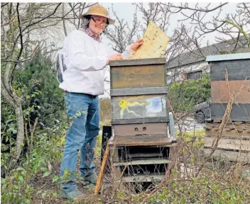  ?? FOTO: LEY ?? Jürgen Schneider, stellvertr­etender Vorsitzend­er des Landesverb­andes Saarländis­cher Imker, zeigt einen seiner Bienenkäst­en. Zum Zeitpunkt der Aufnahme herrschten im Ottweiler Stadtteil Lautenbach noch kühlere Temperatur­en.