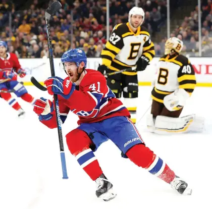  ?? MADDIE MEYER/GETTY IMAGES ?? Paul Byron of the Canadiens celebrates after scoring against the Boston Bruins in the second period at TD Garden in Boston Monday. Montreal went on to win the game in overtime on a goal by defenceman Jeff Petry.