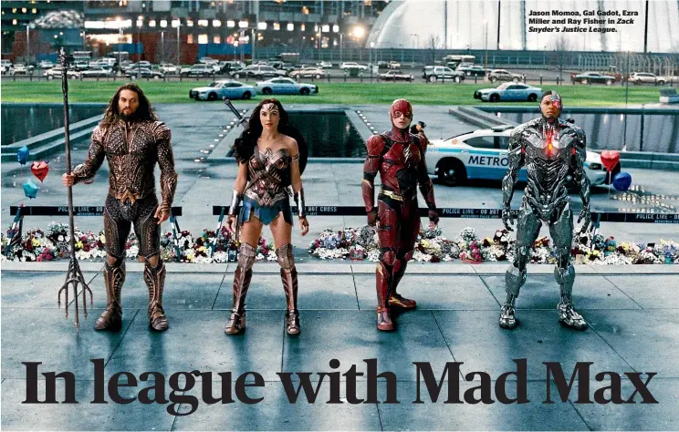  ??  ?? Jason Momoa, Gal Gadot, Ezra Miller and Ray Fisher in Zack Snyder’s Justice League.