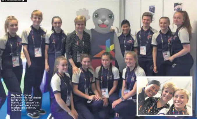  ??  ?? Big day The young swimmers met First Minister Nicola Sturgeon and Bonnie, the mascot of the European Championsh­ips, main picture, and inset, selfie time