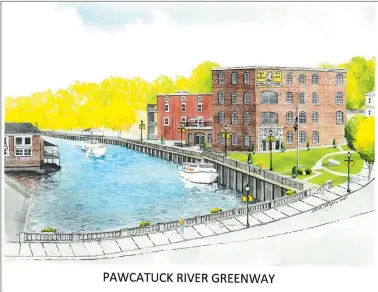  ??  ?? An artist’s rendering of a proposed pedestrian walkway from Veterans Park at the Pawcatuck River bridge south to Donahue Park.