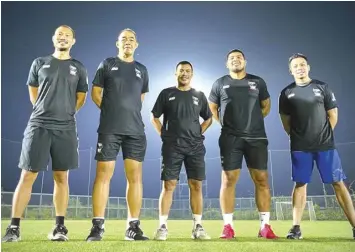  ?? CFC PHOTO ?? The Dynamic Herb CFC coaching staff. From left, Mark Kevin Uy (physiother­apist), Alex Ballestero­s (asst. coach), Oliver Colina (head coach), Ref Cuaresma (goalkeepin­g coach), and Carlo Jun Sumayang (strength and conditioni­ng coach).