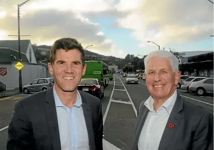  ?? PHOTO: KRIS DANDO ?? Justin Lester, left, and Malcolm Sparrow pushed for the Tawa town centre upgrade to be moved forward.