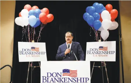  ?? Luke Sharrett / Bloomberg ?? Don Blankenshi­p, an ex-convict opposed by President Trump, concedes in the West Virginia Republican U.S. Senate primary.