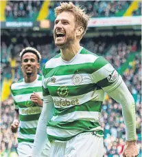  ?? Picture: SNS Group. ?? Stuart Armstrong celebrates his goal in the win over County at Celtic Park.