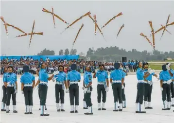  ?? GETTY-AFP ?? Indian air force cadets perform a drill Saturday at celebratio­ns for the force’s 90th anniversar­y at Sukhna Lake in Chandigarh. Formed by the British as the Royal Indian Air Force on Oct. 8, 1932, it is now the third-largest air force in the world.
